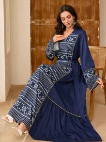 Al Najma 女士 V 领图案拼接保守优雅土耳其和阿拉伯传统宽松长裙 - 藍色 - 查看 5