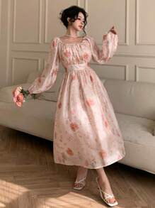 DAZY Vestido floral de gasa con escote cuadrado, mangas farol, cintura recogida y fluido para vacaciones de verano