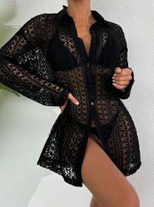 SHEIN Swim Cubre transparente con botones frontales de unicolor para mujer para el verano
