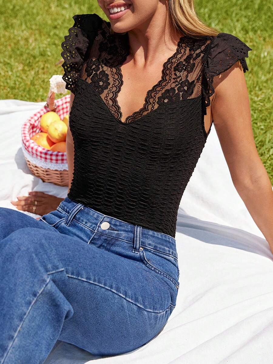 SHEIN VCAY Ren tương phản áo tay bướm Áo thun - màu đen - Xem 1