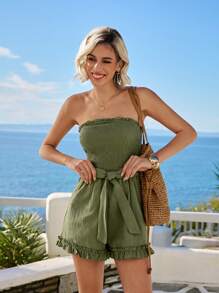 Vivid Eden 平行縐縫拼接束帶無肩帶度假連身褲