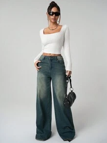 SHEIN ICON Women's Plain Long Sleeve Minimalist Ribbed Casual Y2K Square Neck Holiday Snow Women Beige Comfy Top, Daily Wear