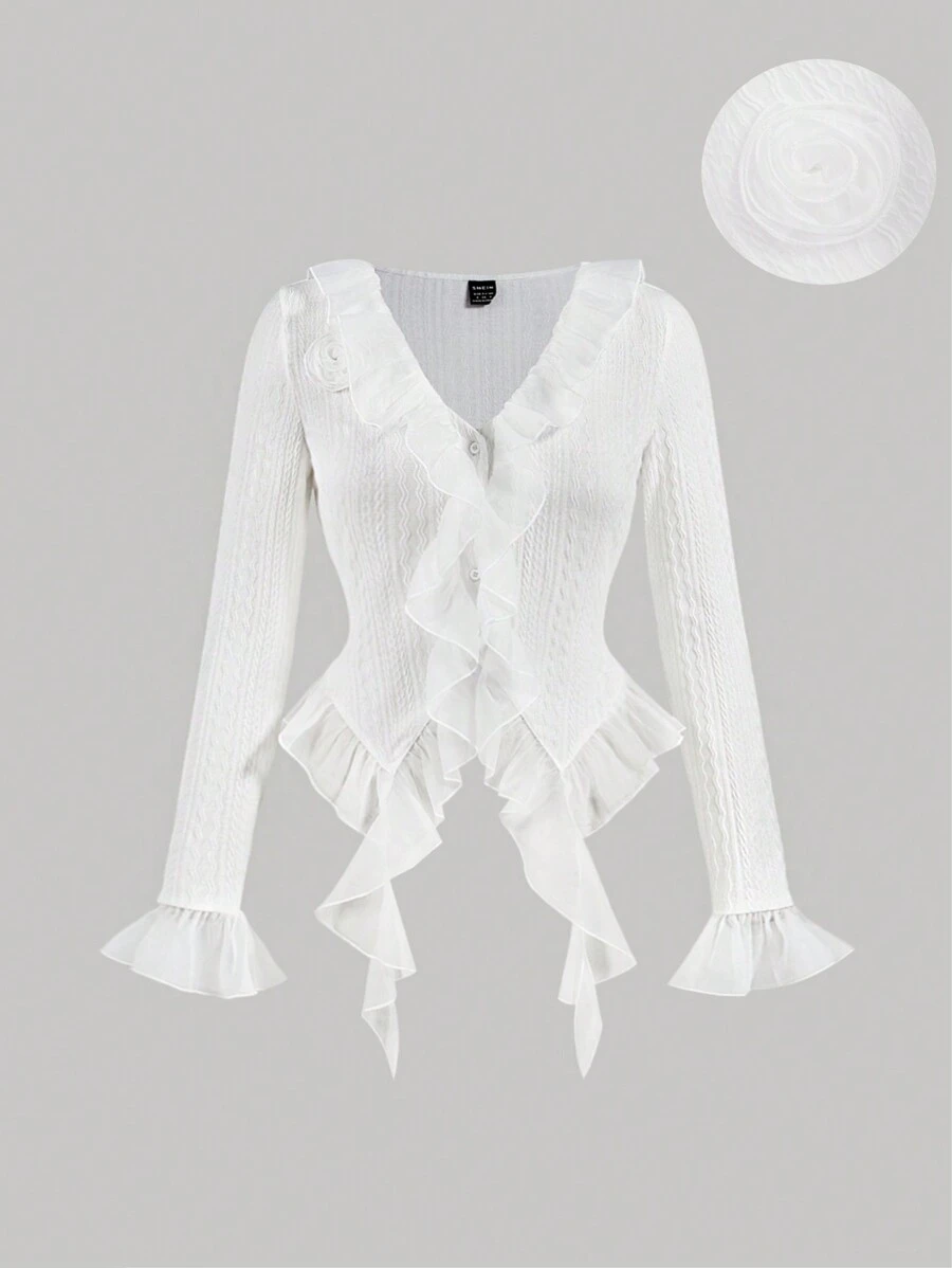 SHEIN MOD Plus Size Women Cute Romantic Vintage Ruffle Ribbon 3D Flower Decor T-Shirt, White