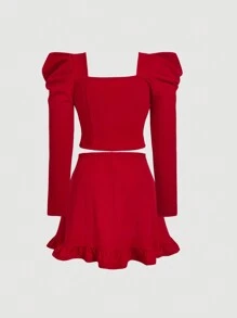 SHEIN MOD Set de 2 piezas Talla grande de Blusa de manga gigot roja con moño y falda a juego estilo romántico y dulce