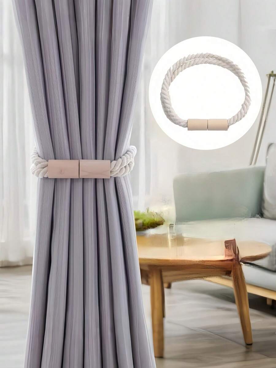 1 pieza Sujetacortinas magnético hecho a mano simple y moderno de cuerda, cuerda de amarre de madera para la decoración del hogar en la sala de estar y el dormitorio - Beis - Ver 1