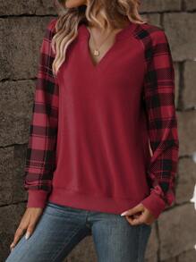 EMERY ROSE Women Casual Plaid Patchwork Raglan Sleeve Crew Neck Sweatshirt