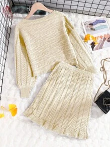 2 件套 Tween Girl 粗针织毛衣连衣裙套装，适合秋冬季 - 杏色 - 查看 2