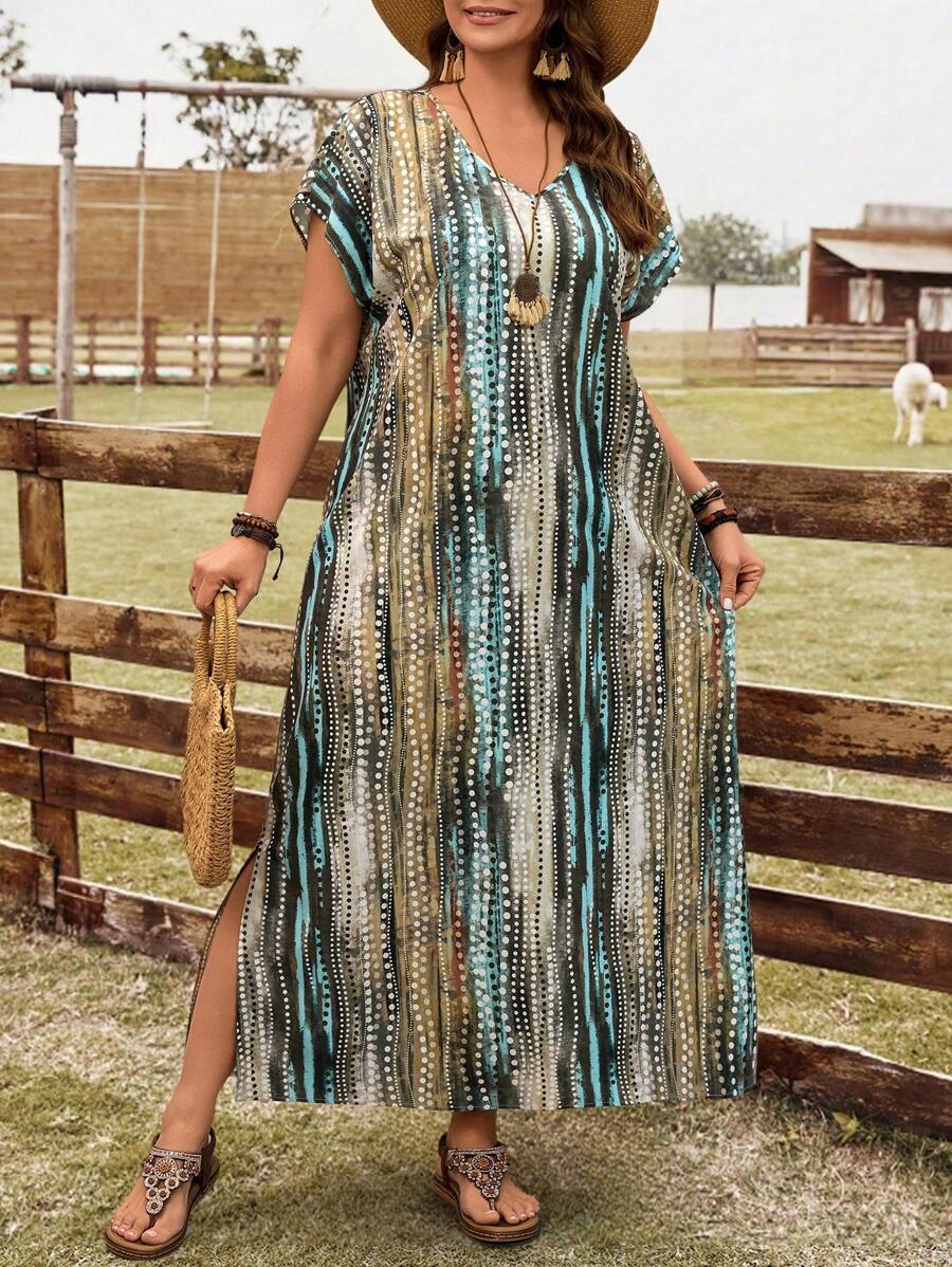 EMERY ROSE 大码女士乡村几何条纹长滩夏季连衣裙，适合度假和西装女士 - 彩色 - 查看 1