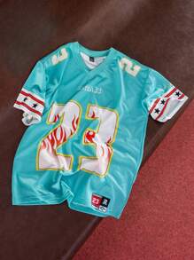 Manfinity EMRG 男士 V 领短袖数字印花简约篮球球衣款式 T 恤，休闲日常穿着