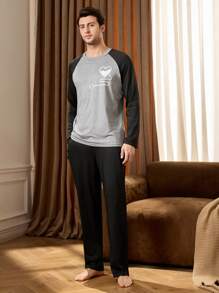 2pcs Men's Color Block Raglan Sleeve Top And Pants Loungewear Set