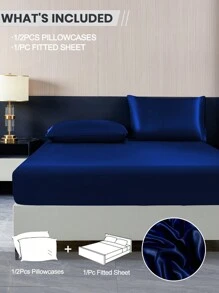 2/3 件纯色海军蓝缎子床笠套装仿真丝床笠套装，含 1 件床笠 + 1/2 件枕套（无填充物），现代柔软床上用品套装，适用于家庭特大号双人床尺寸床单床罩，深口袋最大可达 11.8 英寸，透气防皱，更适合睡眠，可机洗