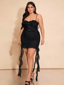 SHEIN BAE 1. Plus Size Women Black Ruffle Trim Short Dress, Sexy Bodycon Dress, Mesh Ruffle Trim Dress, Elegant Fitted Dress, Valentine's Clothes, Office Women Outfits, Sexy Red Dress, Spring Women Outfits, Valentine's Women Outfit, Valentine's Gift, Short Dress, Easter Girls Dresses, Carnival Brazil, Princess Girls Dress, Bachelorette Party, Western Women Dress, Y2K, Back To School Dress, Easter Women Outfit