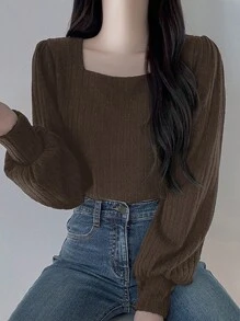 DAZY Women's Solid Color Square Neck Fitted Lantern Sleeve Long Sleeve T-Shirt, Spring/Summer/Autumn