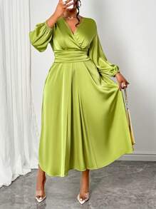 SOLERSUN Maweii Women's Elegant Solid Color Simple Daily Satin Dress With Pleated Design St. Patrick's Day, Tea Party Outfit - Green - View 7