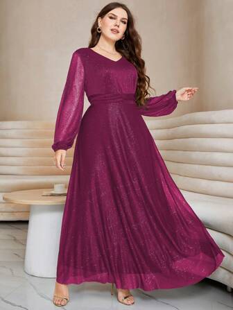 Modelyn Plus Twist Bishop Sleeve Mesh Dress, For Christmas Maxi Women Outfit Fall Cloth For Women