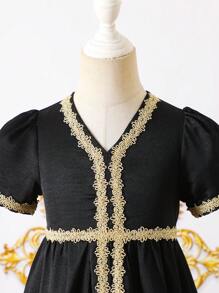 SHEIN Young Girl Patchwork Ribbon Trim Party Dress - Black - View 7