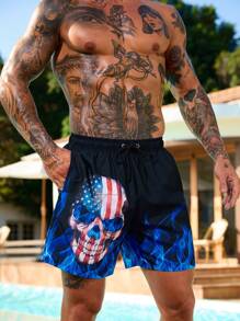 Surfspeed Men's Skull & Flame Print Drawstring Waist Beach Shorts - Blue - View 6
