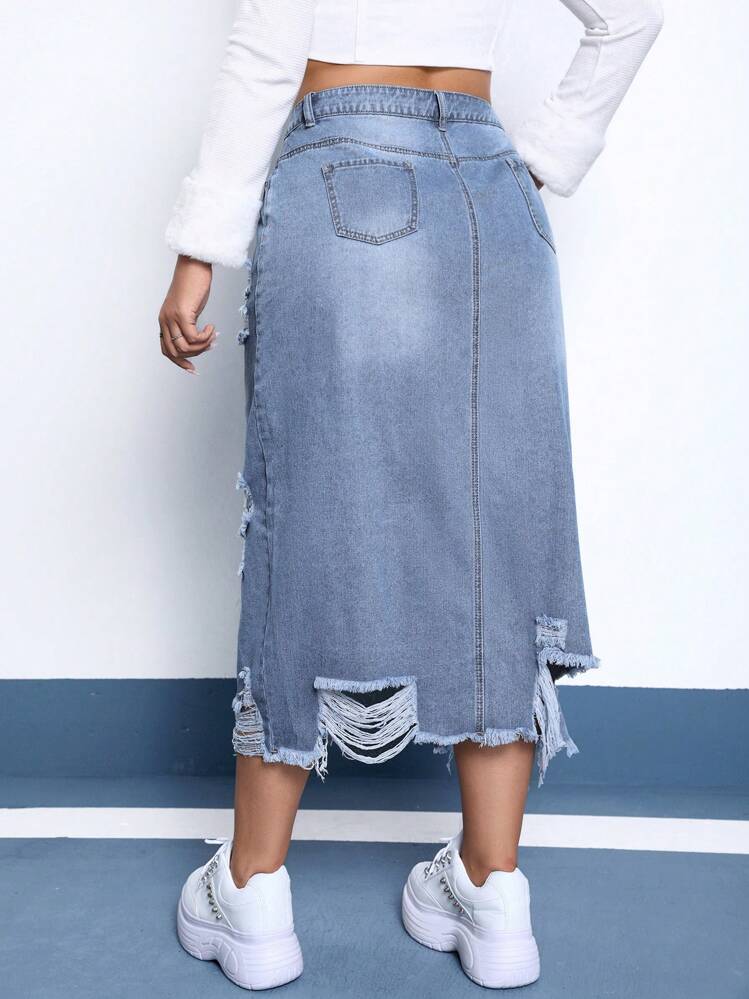 SHEIN EZwear Váy denim xẻ tà tua rua giản dị mùa hè cỡ lớn - Rửa nhẹ - Xem 2
