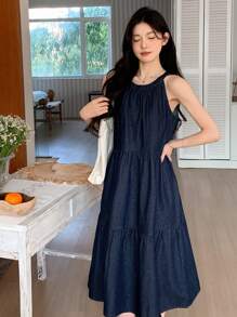 DAZY Women's Casual Washed Halter Neck Denim Dress Summer - Blue - View 2