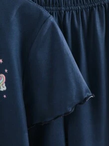 Conjunto de pijama de niña preadolescente con top de manga corta y short con estampado de unicornio