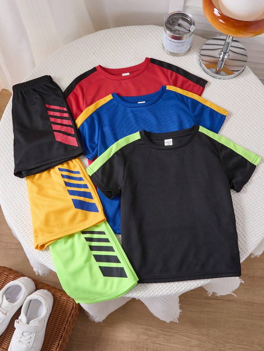 SHEIN 6pcs/Set Young Boy Multi-Color Patchwork Sports Outfit Set, Suitable For School P.E. Classes, Outdoor Jogging, Athletic Wear - Multicolor - View 1