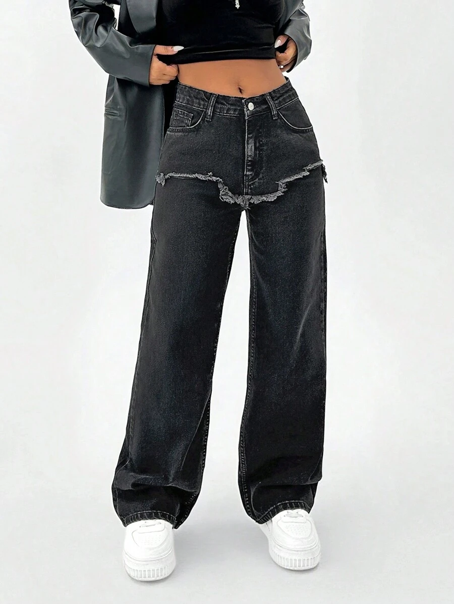 EURMUSE High Waist Frayed Detailed Straight Jean - Black - View 1