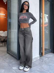 EURMUSE 阔腿低腰牛仔裤 - 淺灰色 - 查看 6