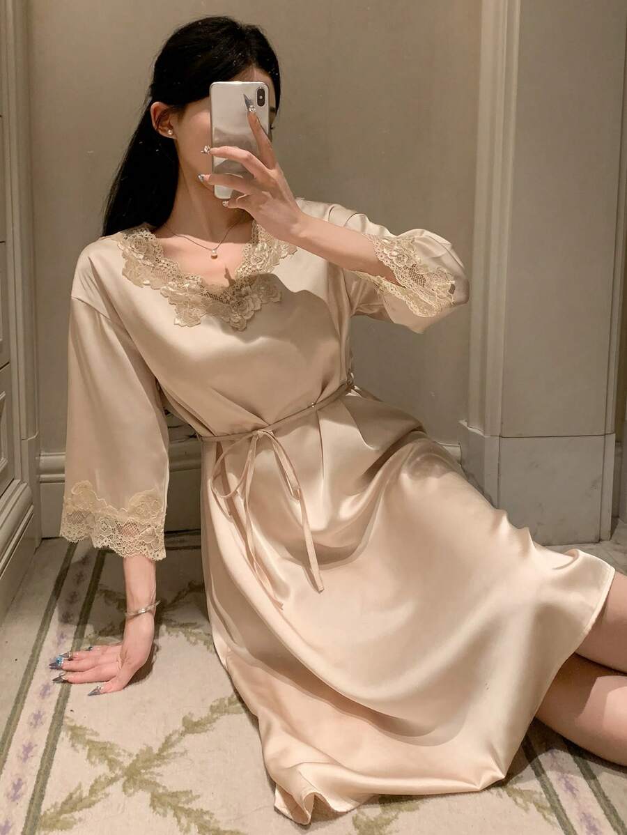 DAZY Camisón de pijama holgado con parches de encaje y mangas 3/4 para mujer