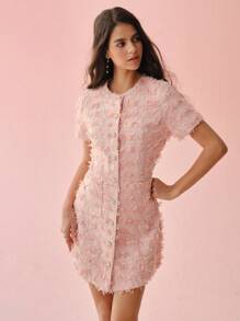 Enchnt Váy ngắn dễ thương cổ tròn tay ngắn đính ngọc trai giả tinh tế màu hồng lãng mạn dành cho nữ mùa xuân/hè, túi đôi, chất liệu vải tuýt lạ mắt, ngọt ngào và thanh lịch cho ngày lễ tình nhân, tiệc sinh nhật, ngày lễ, đêm hẹn hò ngọt ngào và đi làm hàng ngày - Hồng - Xem 6