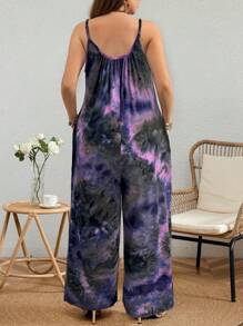 SHEIN LUNE Combinaison ample décontractée avec imprimé tie-dye et poches, sans manches pour l'été, grande taille