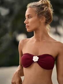 Swim Chiccia 1 Set Women's Rose Ruffle Padded Bandeau Sexy Bikini Set For Summer Beach Vacation - Burgundy - View 3