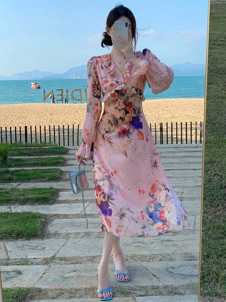 Rose Ditsy Floral Chiffon Ruffle Waist Midi Dress, Vacation Style, Floral Pattern Valentine's Day,Fall Dress Long Sleeve Dress Easter Boho