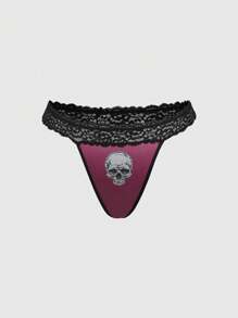 ROMWE Grunge Punk 1pc Plus Size Dark Gothic Punk Lace Thong - Burgundy - View 1