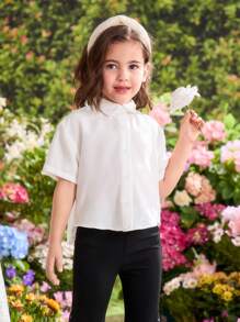 Chemise plissée ajustée décontractée de couleur unie tissée pour jeune fille