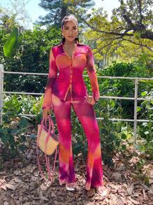 SHEIN SXY 2pcs Set Sexy Sheer Elegant Tie Dye Print Blouse And Pants Outfit - Pink - View 4