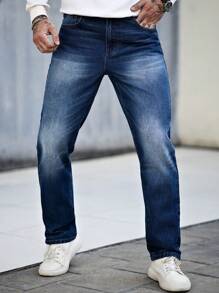 Manfinity Homme Men's Straight Leg Casual Jeans With Pockets, Versatile - Dark Wash - View 10