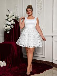 Glamrae Plus Size Elegant & Playful White Sleeveless Square Collar Short Puffy A-Line Dress, Bridal Shower, ,Party Dress, Wedding Dress, Little White Dress,Bride
