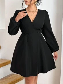 SHEIN LUNE Plus Size V-Neck Long Sleeve Light Formal Waist-Cinched Slim A-Line Dress - Black - View 3