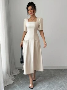 Elenzga Women's Spring/Summer French Elegant Casual/Office/Vacation Square Collar Waist Ruched A-Line Long Dress, Short Sleeve