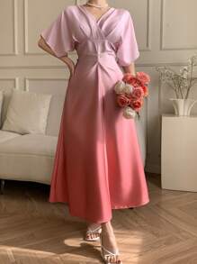 DAZY Women's Gradient Batwing Sleeve V-Neck Waist Flared Muse Dress, Suitable For Summer, Valentine's Day, Vacation Maxi Dress - Pink - View 5