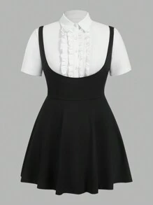 SHEIN EZwear Bộ 2 món cỡ lớn: Áo sơ mi cài nút kiểu Fairy và váy - Đen và trắng - Xem 1