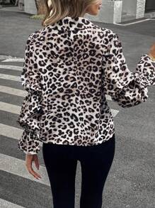 SHEIN Essnce Women Leopard Print Bowknot Front Long Sleeve Shirt With Puff Sleeves, Spring/Summer
