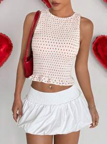 Flirla Cute Polka Dot Pleated Elastic Hem Ruffle Decor Round Neck Slim Fit Sleeveless Tank Top - White - View 5