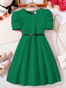 SHEIN Vestido casual para niña preadolescente de manga abullonada y cuello redondo en unicolor - Verde - Ver 3