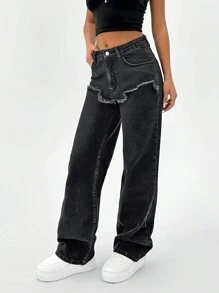 EURMUSE High Waist Frayed Detailed Straight Jean - Black - View 6