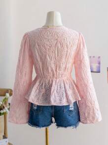 Soleia Blusa donna con scollo a V, maniche a sbuffo, orlo con volant, in tessuto lavorato a maglia rosa, adatta per vacanze, San Valentino, estate, compleanni, Mardi Gras e altre occasioni - Rosa - Visualizzare 2