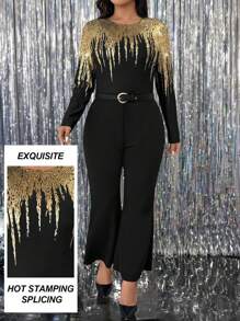 Allurite Plus Size Asymmetric Gold Foil Minimalist Elegant Jumpsuits For Party & Outdoor Occasions - Multicolor - View 6