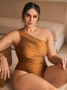 Swim Chiccia 1pc Plus Size Elegant Pleated Solid Color Shiny Fabric Adjustable Strap One-Piece Swimsuit, For Summer Beach - Gold - View 4