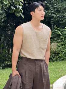 SHEIN X Scheana DAZY Men's Khaki Textured Fabric Summer Vacation Knit Vest