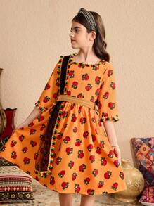 Tween Girl Retro Floral & Mesh Waist Gathered Dress, Suitable For Ramadan, Outings And Other Occasions - Yellow - View 3